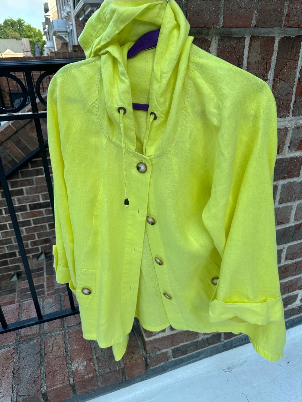 Neon Yellow Linen Hooded Button-Up Jacket XL
